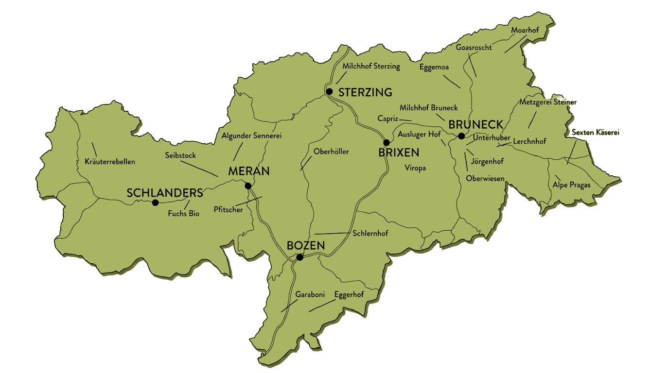 Mappa verde dell’Alto Adige, in Italia, che mostra le città e i luoghi legati alla produzione casearia contrassegnati da scritte in nero. - Hotel Oberwiesen